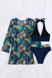 Black 3pcs Tropical Contrast Trim Halter Bikini Set with Cover up