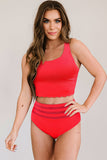 Red Scalloped Criss Cross High Waist Bikini