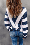 & White Striped Colorblock V Neck Knit Sweater - Kevous