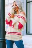 and Beige Striped Cold Shoulder Pullover Knit Sweater - Kevous