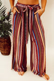 Red Boho Ethnic Striped Print Tie Waist Wide Leg Pants