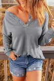 Casual Henley Pullover Drop Shoulder Sweater with Slits - Kevous