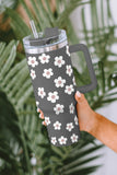 Dark Grey 60s Floral Print Stainless Tumbler With Lid And Straw