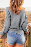 Casual Henley Pullover Drop Shoulder Sweater with Slits - Kevous