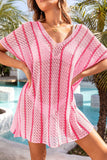 Pink Striped Crochet Loose Fit V Neck Beach Cover Up