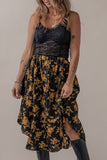 Black Printed Elastic Waist Button Decor Floral Ruffle Skirt