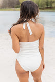 White Solid Halter Neck Backless One-piece Swimsuit