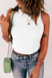 Plain White Ribbed Knit Basic Cropped Tank Top - Kevous