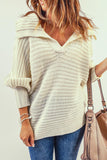 Beige Knit Long Sleeve Collared Sweater for Women - Kevous