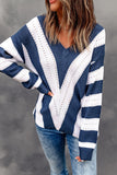 & White Striped Colorblock V Neck Knit Sweater - Kevous