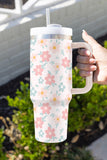 White 60s Floral Pattern Stainless Vacuum Cup with Handle 1200ml