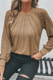 Light French Beige Contrast Lace Raglan Sleeve Plicate Round Neck Top