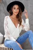 Sexy V Neck Surplice Hollow-out Sweater with Lace Sleeves - Kevous