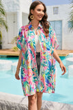 Multicolor Plant Print Button-up Half Sleeve Beach Cover Up