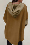 Brown Button Up Contrast Knitted Sleeves Hooded Jacket