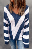 & White Striped Colorblock V Neck Knit Sweater - Kevous