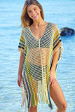 Apricot Fringes Striped Crochet Beach Cover Up