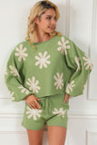 Green Flower Print Bubble Sleeve Knitted Sweater and Shorts Set