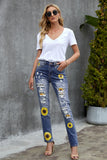 Sunflower Print Ripped High Waist Graphic Jeans