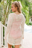 White Hollow Out Crochet Long Sleeve Beach Cover Up