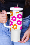 White 60s Flower Print Handle Stainless Steel Tumbler with Straw