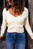 Beige Ruched Casual Rib Knit Sweater - Kevous