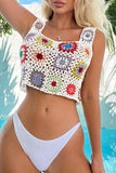 White Hollow-out Knitting Floral Crochet Beach Cover up