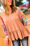 Orange Boho Paisley Mix Print Raglan Sleeve Ruffled Blouse