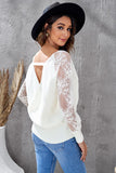Sexy V Neck Surplice Hollow-out Sweater with Lace Sleeves - Kevous