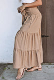 Khaki Lace Up Smocked Waist Tiered Wide Leg Pants