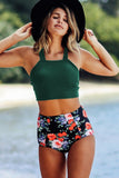 Green Solid Swim Top and Floral High Waist Bathing Suit