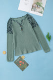 Green Leopard Waffle Knit Buttoned V Neck Blouse