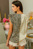 Apricot Half Leopard Patchwork Ruffle Sleeve Blouse