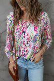 Green Floral Print Puffy Sleeve Loose Blouse
