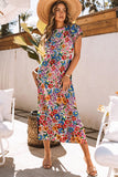 Multicolor Floral Print Ruffle Sleeves Open Back Maxi Dress - Kevous