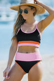 Black Spaghetti Straps Colorblock Ribbed High waisted swimsuits