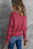 Pastel Red Casual Tassel Hem Pullover V Neck Sweater - Kevous