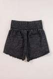 Black Smocked High Waist Mineral Washed Jean Shorts