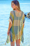 Apricot Fringes Striped Crochet Beach Cover Up