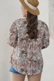 Khaki Plus Size Printed Long Sleeve Drawstring V Neck Blouse