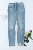 Light Blue Raw Hem Straight Leg Distressed Jeans for Women