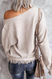 Pullover Fringe Hem V Neck Sweater - Kevous