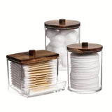 3pcs 10/7 OZ Cotton Ball/Swabs Dispenser - Q-Tips Holder Bathroom Container with Apothecary Jar Organizer - Brown Wood Lids for Easy Storage
