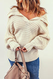 Beige Knit Long Sleeve Collared Sweater for Women - Kevous