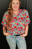 Multicolour Plus Size Floral Print Ruffle V Neck Bubble Sleeve Blouse