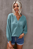 Frill Button Front Casual Blue Crinkled Blouse Top for Women