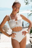 White Ruffled Lace-Up High Waist Bikini Swimwear
