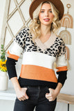 Khaki Leopard Color Block Casual V Neck Sweater - Kevous