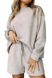 Gray Textured Long Sleeve Top and Drawstring Shorts Set