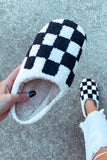 Black Checkered Print Fuzzy Slip On Winter Slippers
